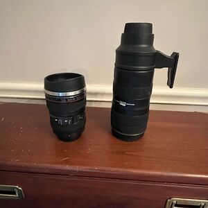 Canon camera lens thermos and mug
Thermos 9.5” height, mug 5.5” height